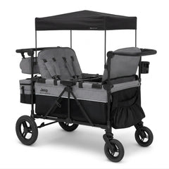 4‑Seater Stroller Wagon, Premium Quad Stroller Wagon for 4 Kids with Convertible Seats, Push‑Pull Handles, Removable Canopy & Flat Fold, Grey