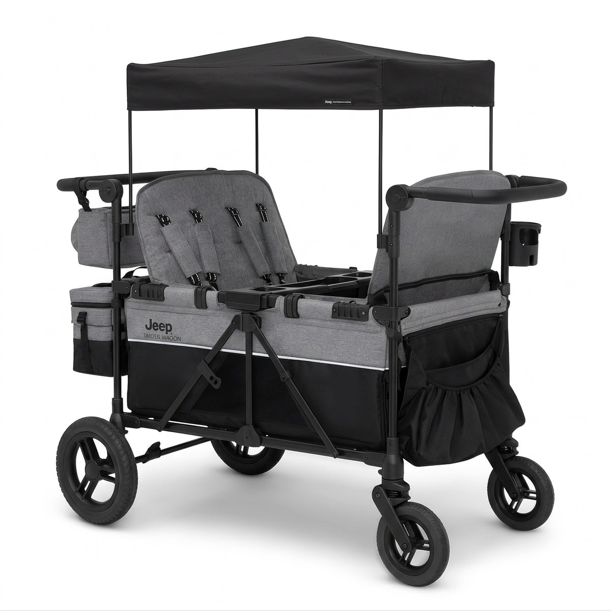 4‑Seater Stroller Wagon, Premium Quad Stroller Wagon for 4 Kids with Convertible Seats, Push‑Pull Handles, Removable Canopy & Flat Fold, Grey