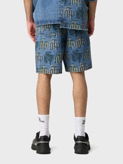 Off The Pitch Fraktur Denim Shorts | Stone Wash
