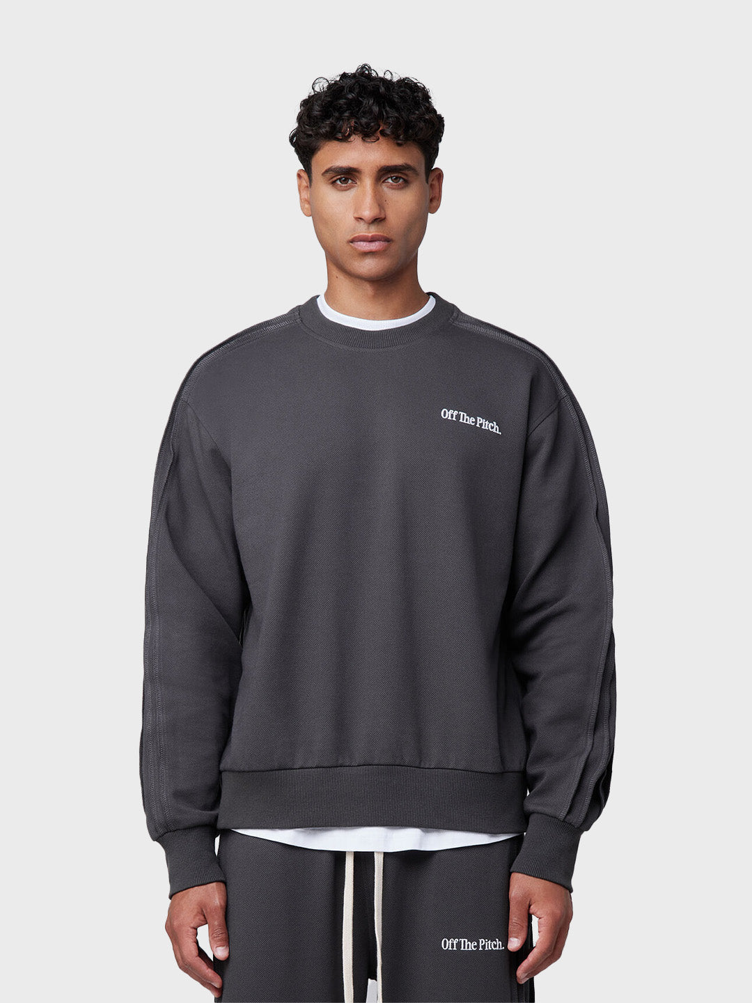 Off The Pitch Raw Edge Panel Crewneck Sweater | Dark Shadow